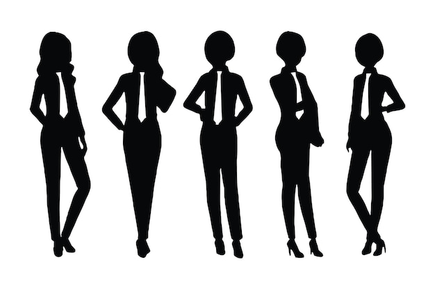 Modern businesswoman silhouette set vector on a white background Stylish women wearing suits and standing in different positions anonymous girl model silhouette bundle wearing official dresses