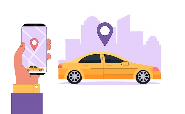 Modern carsharing or car rental service concept. Hand holds smartphone with information an app to find a car location.