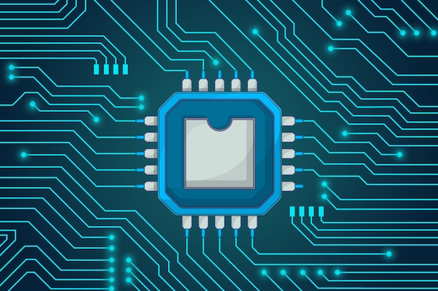 Modern cartoon style printed circuit board with a ic chip and track.