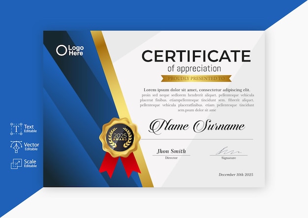 Modern certificate of appreciation or diploma template for companies, vector illustration.