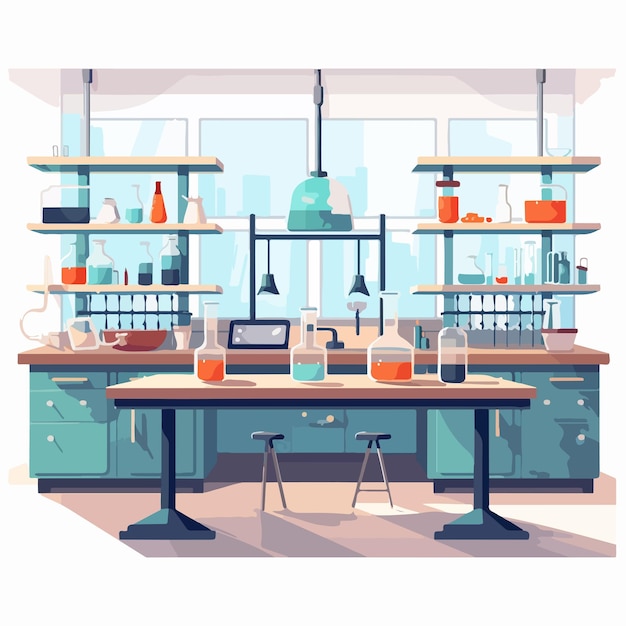 Vector modern chemical laboratory interior with furniture and microscope