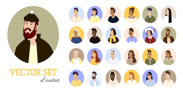 Modern circle avatars set characters faces head portraits women and men heads in flat style vector