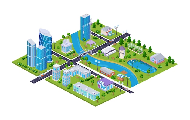 Modern city exterior map isometry. Infrastructure street district skyscraper downtown, childish park with attraction carousel, kids playground with slides, residential apartment house vector cartoon