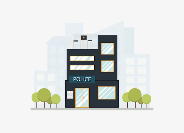 Modern city police station department building with city skyline in flat style. 