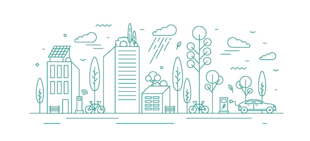 Modern city with ecological infrastructure and vehicles, roof greening, solar panels and electrical car charger. Green vector line art monochrome illustration of eco cityscape with alternative energy.