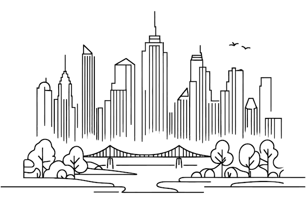 Modern cityscape one line vector drawing Metropolis architecture panoramic view New York skyscrapers hand drawn silhouette