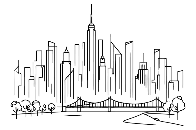 Modern cityscape one line vector drawing Metropolis architecture panoramic view New York skyscrapers hand drawn silhouette