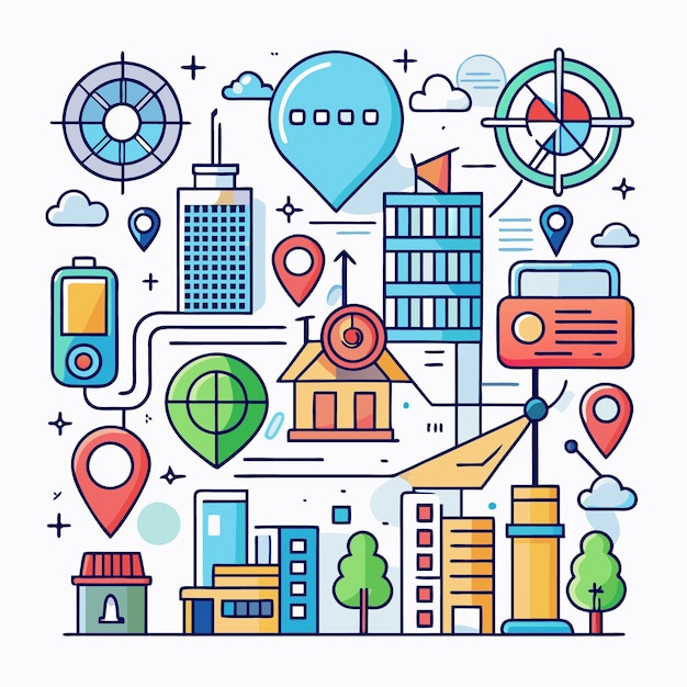 Vector modern cityscape with buildings landmarks and location pins