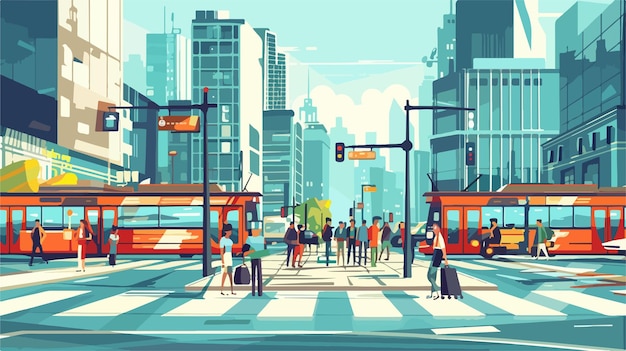 Modern Cityscape with Bustling Streets and Public Transportation