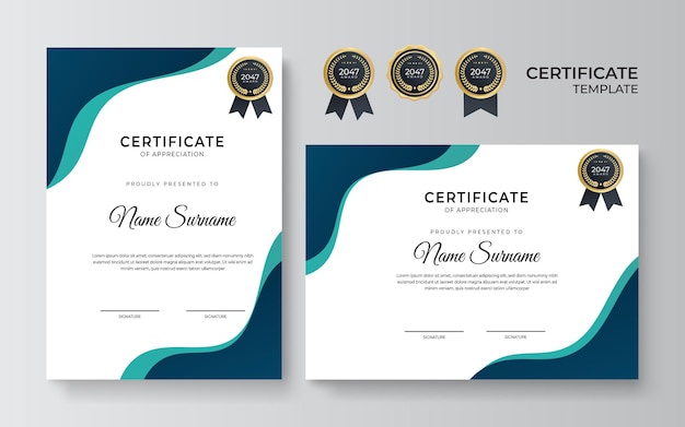 Modern clean dan simple blue green certificate template on white background. Certificate of achievement template with gold badge and border