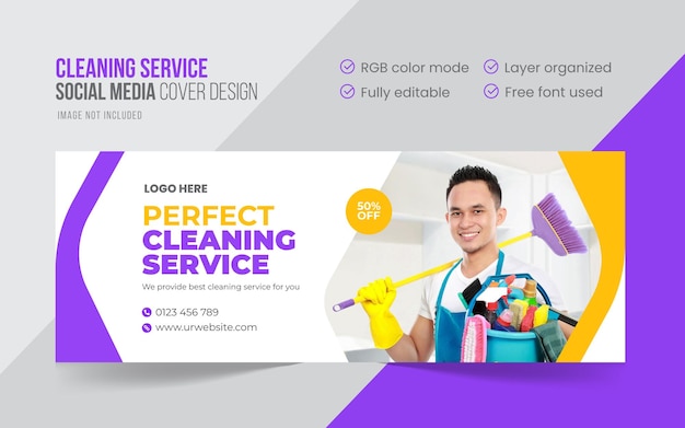 Modern cleaning service social media timeline cover and promo web banner design template