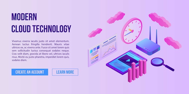 Modern cloud technology concept banner, isometric style