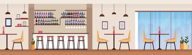 Vector modern cocktail bar with alcohol bottles empty no people restaurant interior counter high chairs tables flat horizontal banner