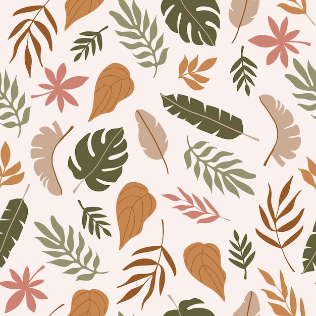 Modern colorful seamless pattern of different abstract tropical leaves on pastel background