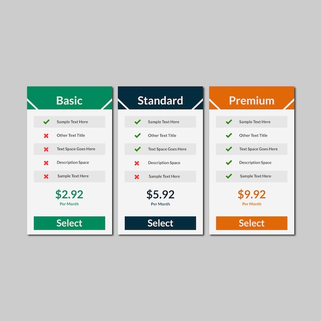 Modern comparison and Pricing table template design of website