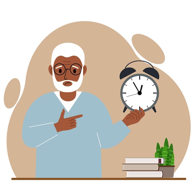 Modern concept of time management illustration. A sad grandfather holds an alarm clock in his hand and the second points to it.