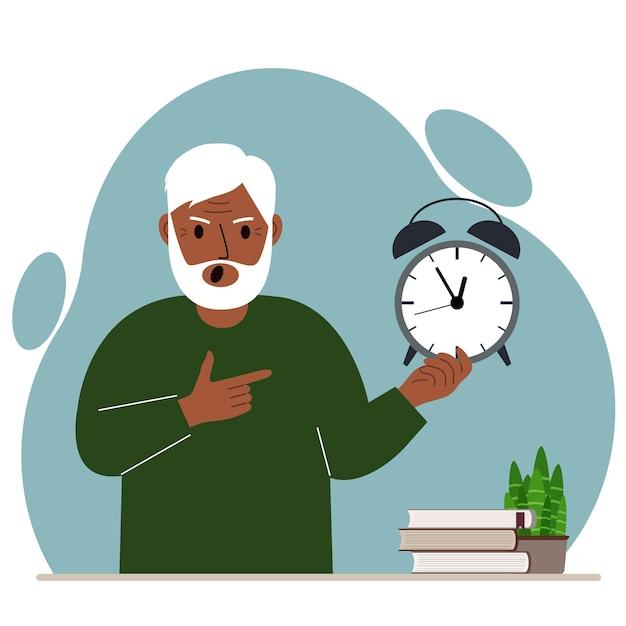 Modern concept of time management illustration. A screaming grandfather holds an alarm clock in his hand and the second points to it.