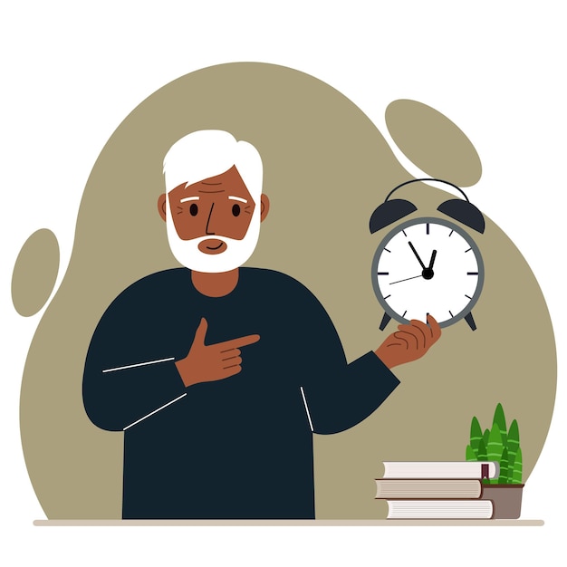 Modern concept of time management illustration. A smiling grandfather holds an alarm clock in his hand and the second points to it.