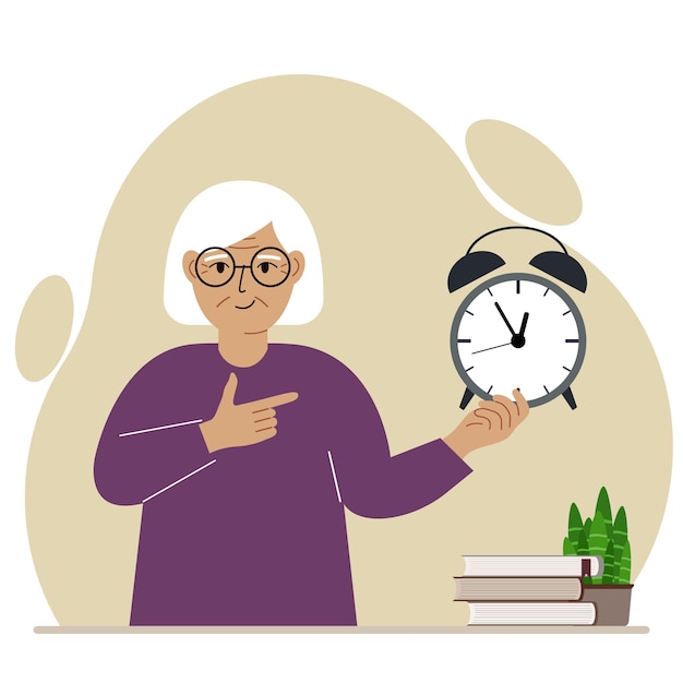 Modern concept of time management illustration. A smiling grandmother holds an alarm clock in his hand and the second points to it.