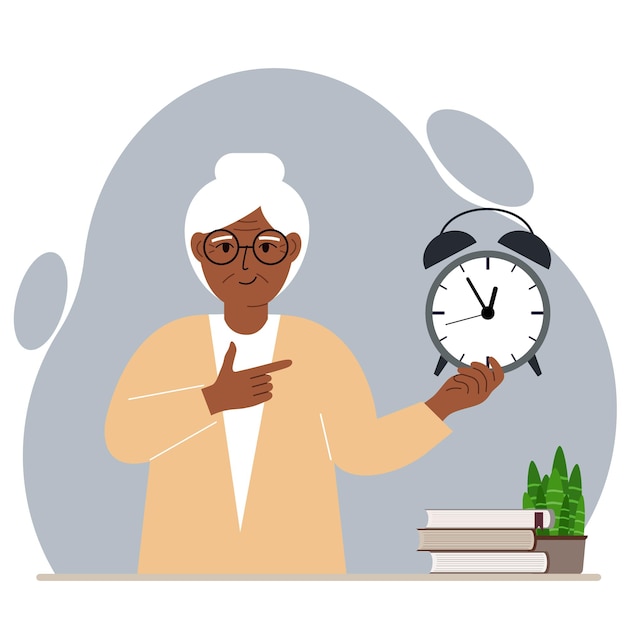 Modern concept of time management illustration. A smiling grandmother holds an alarm clock in his hand and the second points to it.