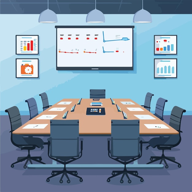 Vector modern conference room interior empty business office meeting workspace presentation board with charts and dataillustration graphic design element