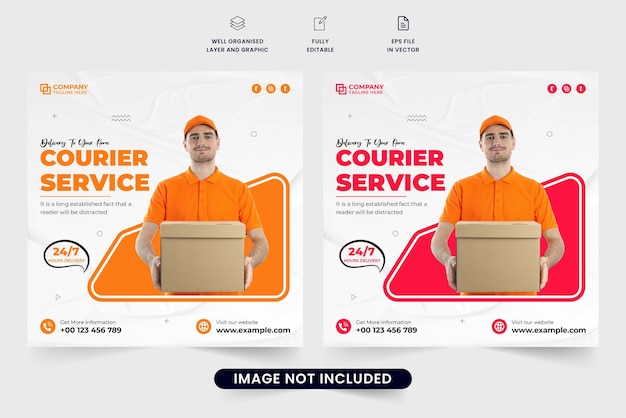 Modern courier service social media post vector with geometric shapes Package delivery and courier service template design with orange and red colors Home delivery business promotion poster vector