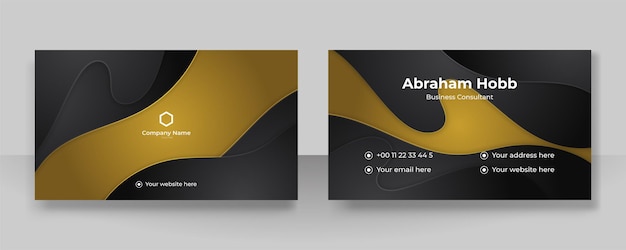 Modern creative and clean business card template Luxury business card design template Elegant dark black background with abstract golden shiny wavy lines Vector illustration