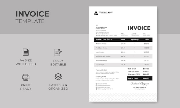 Modern Creative Clean Business Invoice Design Template A4 Invoice vector Design Template