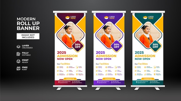 Modern and creative school admission Roll Up Banner template