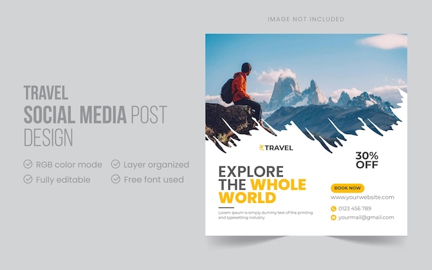 Modern creative travel agency social media post design template premium vector premium vector