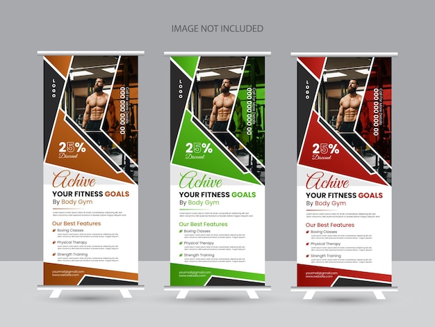 Modern creative vector fitness and gym roll up banner template design