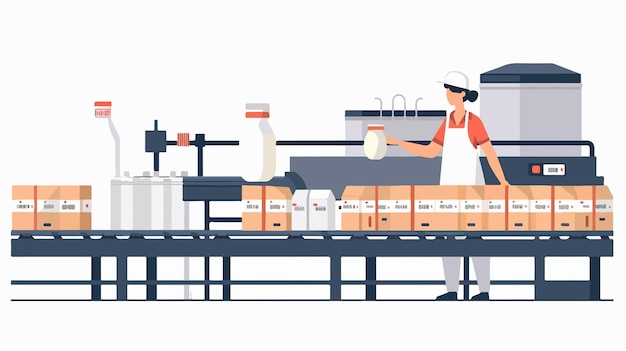 Vector modern dairy production factory concept with female worker