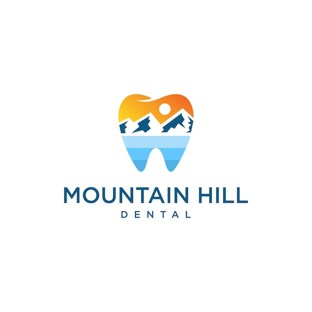 Modern dental tooth logo with mountains river hill sun vector design