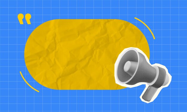 Vector modern design halftone collage illustration featuring a yellow speech bubble and megaphone icon