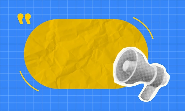 Vector modern design halftone collage illustration featuring a yellow speech bubble and megaphone icon