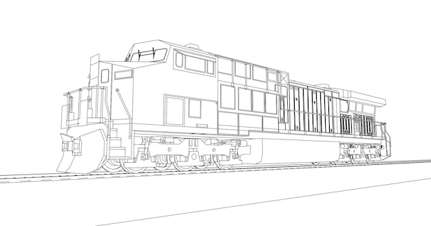 Modern diesel railway locomotive with great power and strength for moving long and heavy railroad train. Vector illustration with outline stroke lines.