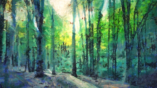 Modern digital painting of green forest. Contemporary art