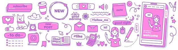 Modern doodle stickers for social media. Vector collection. Cutest patch set. Sketch cute icons.