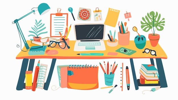 Vector modern drawn work table with objects in mixed media