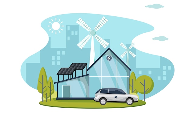 modern eco solar panel house with wind turbines vector illustration