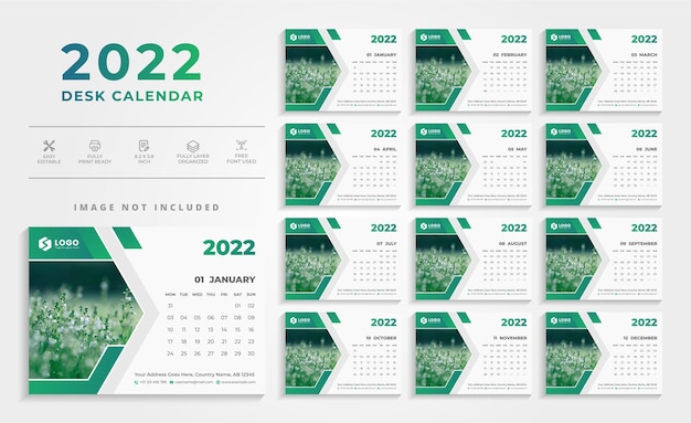 Modern Elegant 2022 Green Desk Calendar Design