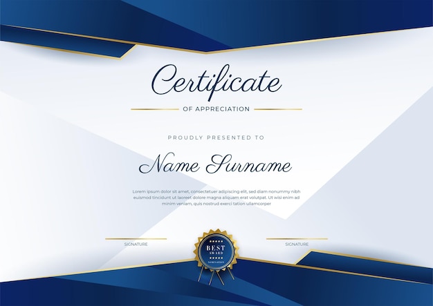 Modern elegant blue and gold certificate of achievement template with gold badge and border Designed for diploma award business university school and corporate