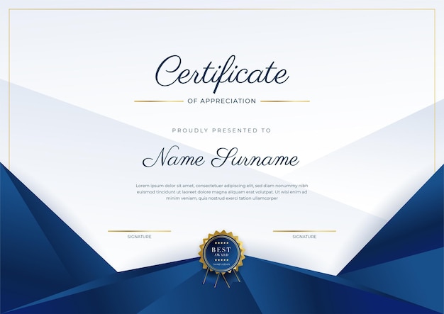 Modern elegant blue and gold certificate of achievement template with gold badge and border Designed for diploma award business university school and corporate