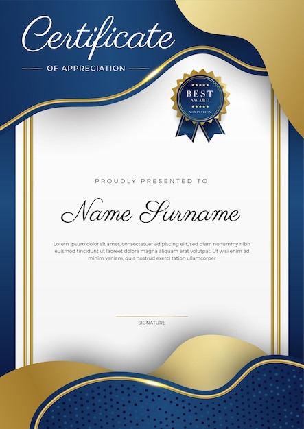 Modern elegant blue and gold certificate of achievement template with gold badge and border Designed for diploma award business university school and corporate