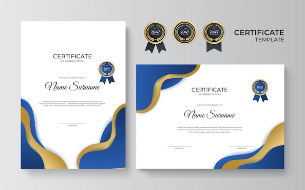 Modern elegant blue and gold diploma certificate template design. Certificate award template with luxury pattern, diploma, and premium badges design. Vector illustration