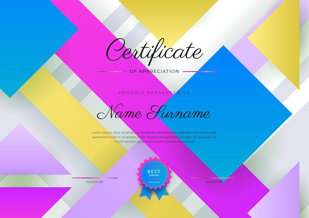 Modern elegant colorful diploma certificate template Certificate of achievement border template with luxury badge and modern line pattern For award business and education needs