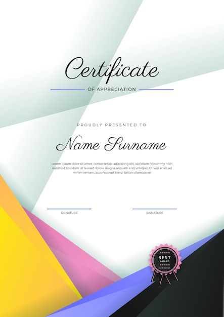 Modern elegant colorful diploma certificate template Certificate of achievement border template with luxury badge and modern line pattern For award business and education needs