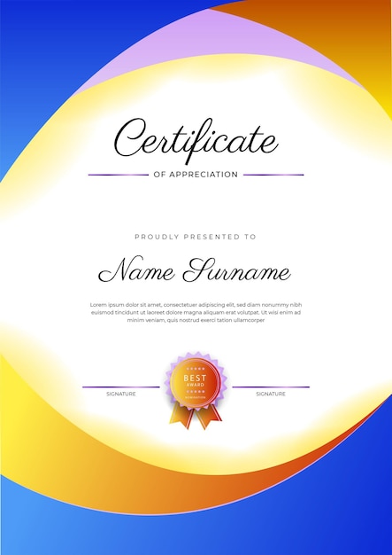 Modern elegant colorful diploma certificate template Certificate of achievement border template with luxury badge and modern line pattern For award business and education needs