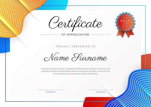 Modern elegant colorful diploma certificate template Certificate of achievement border template with luxury badge and modern line pattern For award business and education needs