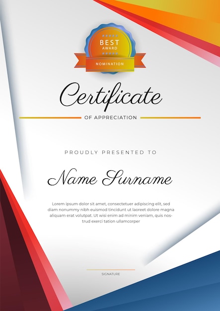 Modern elegant colorful diploma certificate template Certificate of achievement border template with luxury badge and modern line pattern For award business and education needs